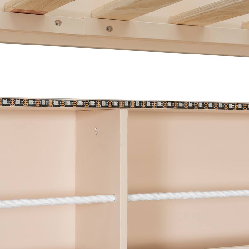 Kids Bunk Bed Frame with Integrated Shelving, Light Strip and Pegboard, Convertible into Floor Platform Bed and Low Loft Bed
