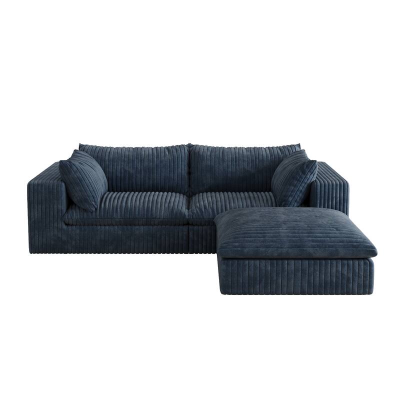 39.8" Blue Corduroy Fabric Sofa with Feather-filled Cushions and Modular Design
