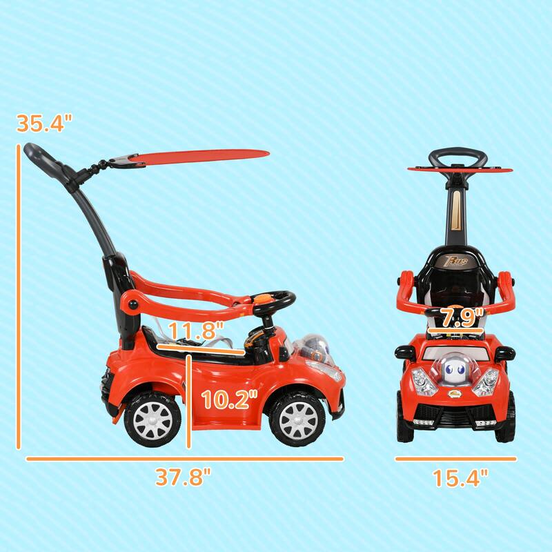 Qaba Push Car for Kids 1-3 Years, 3-in-1 Ride-On Sliding Car with Music, Horn, and Removable Handle