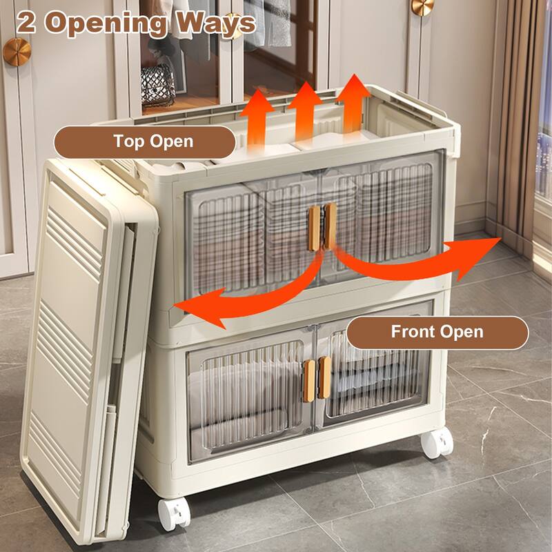 Stackable Storage Bins With Lids, 31.5" Folding Storage Box With Doors And Wheels Large Capacity Collapsible