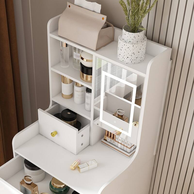 3-in-1 Dressing Table with LED Mirror & Storage Stool - Compact Makeup Vanity with 4 Drawers, Storage Cabinet & Hidden Stool