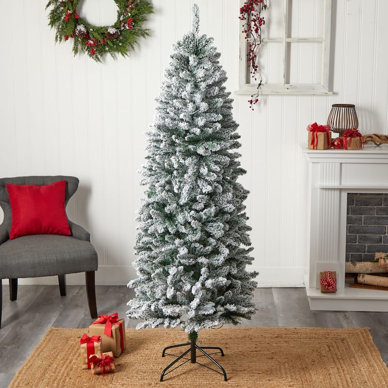 6ft Slim Artificial Christmas Tree with Lights - Winter Fir Tree, Prelit Holiday Decor, Realistic Flocked Tree - Green - 72