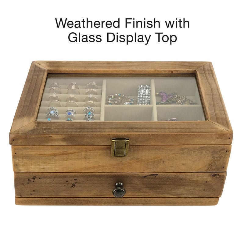 Farmhouse Solid Wood Rustic Distressed Jewelry Organizer - 8.7"D x 11.8"W x 5.5"H