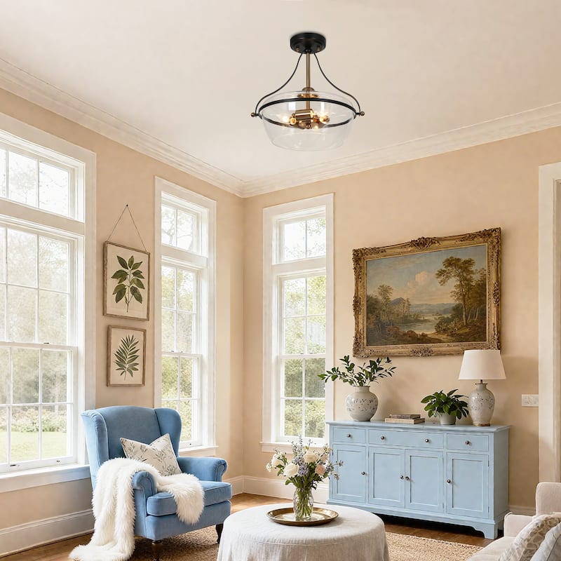 Zelena Modern Farmhouse 3-Light Black Gold Glass Bowl Semi-flush Mount Ceiling Lights