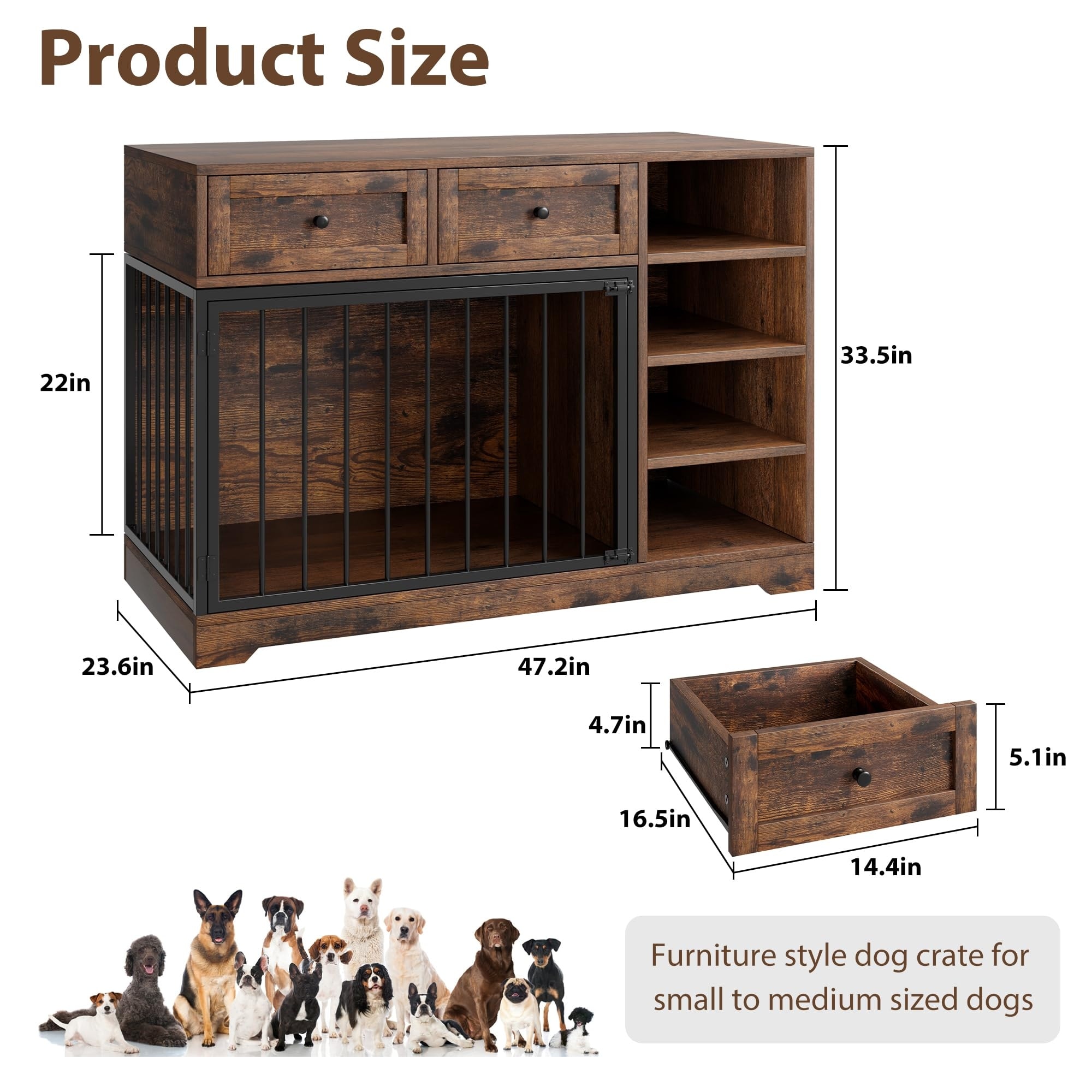 Large Corner Dog Crate Furniture For 2 Dogs With 2 Drawers