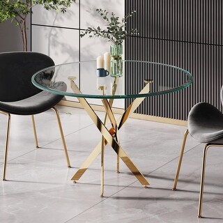 36-inch Round Glass Dining Table with Stainless Steel X-Legs, Modern ...