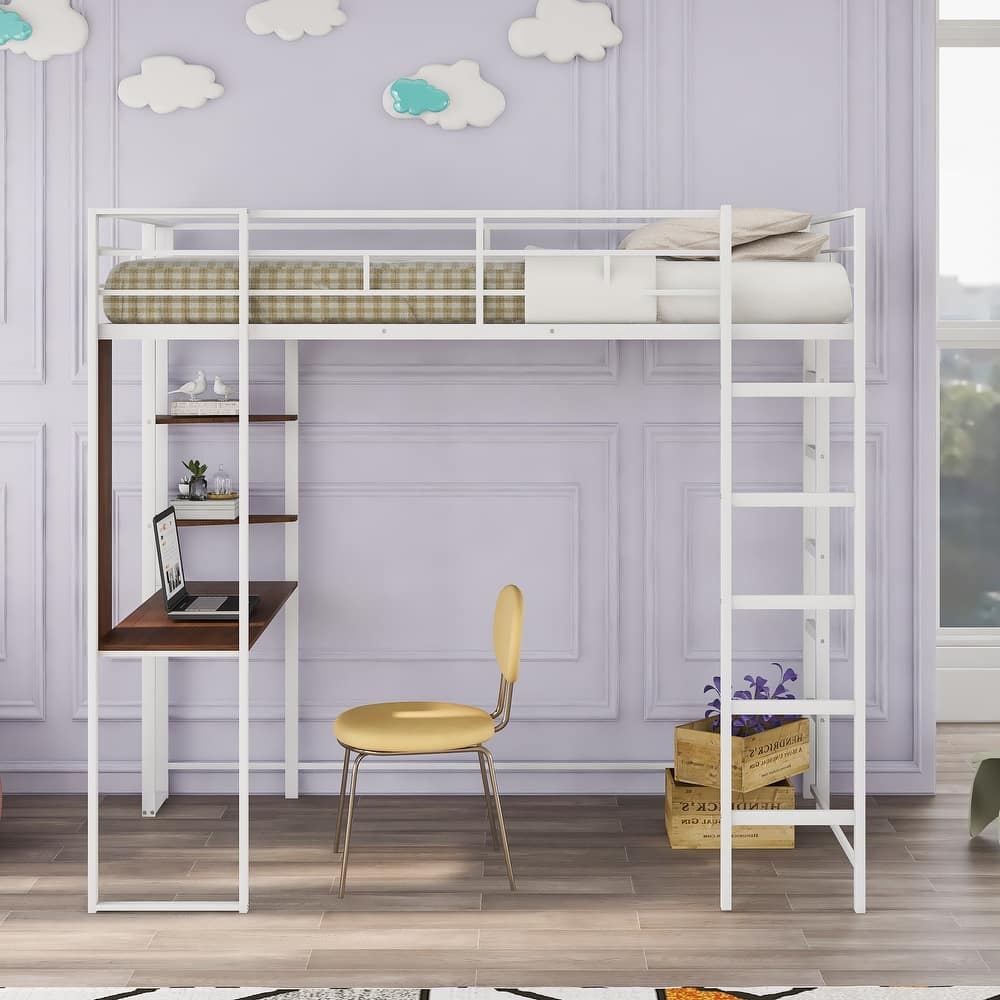 Twin/Full Size Metal High Loft Bed with Wooden Desk and Storage Shelves, Heavy Duty Steel Loftbed Frame with Double Ladder
