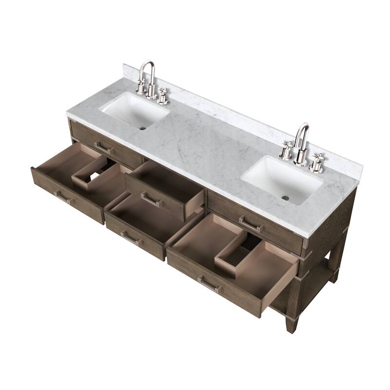 Lexora Norwalk Bath Vanity, Carrara Marble Top, Faucet Set, and Mirror