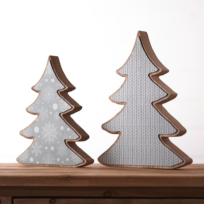 Set of 2 Blue Beige Pine Tree Christmas Tabletop Decorations 11.75"