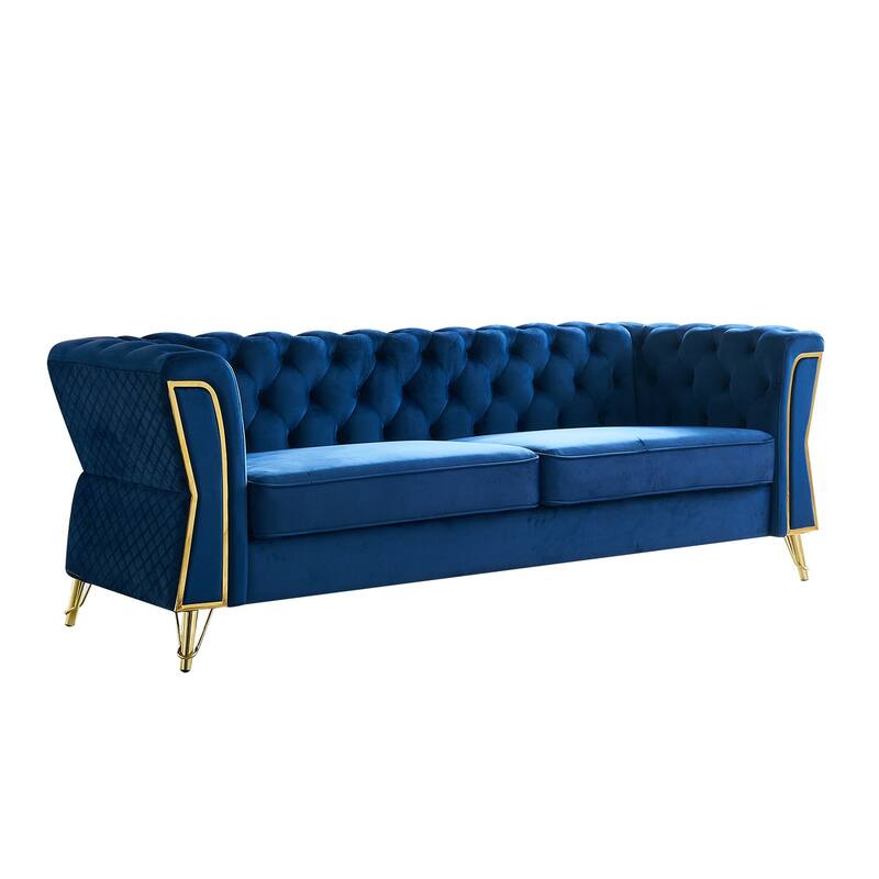 Tufted Velvet Sofa with Golden Metal Frame, Diamond-Stitched Design, and Foam Cushion for Living Room