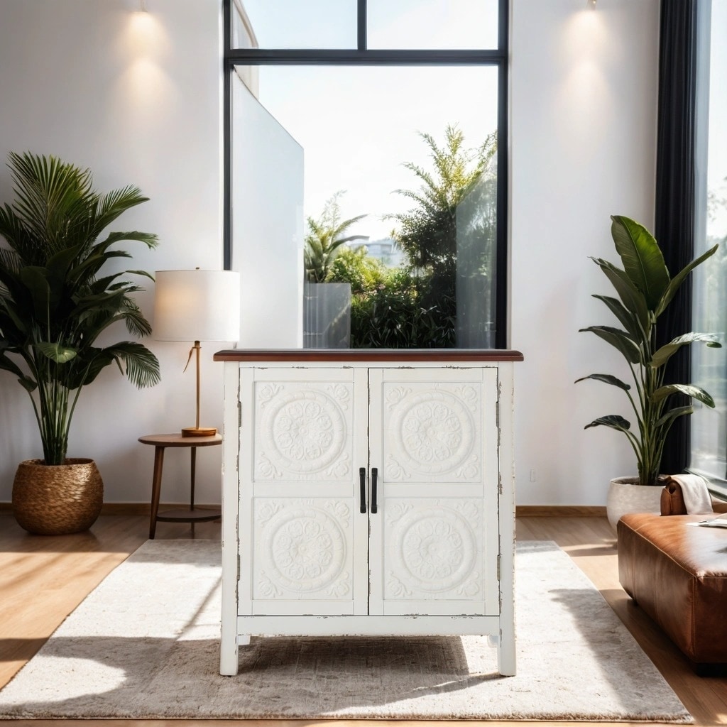 Tile Front Cabinet in Distressed White and Brown