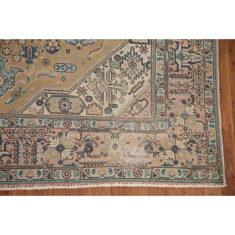 Hand Knotted Oriental 100% Wool Carpet Traditional Medallion Yellow & Gold Tabriz Area Rug - 9' 8'' X 6' 10''