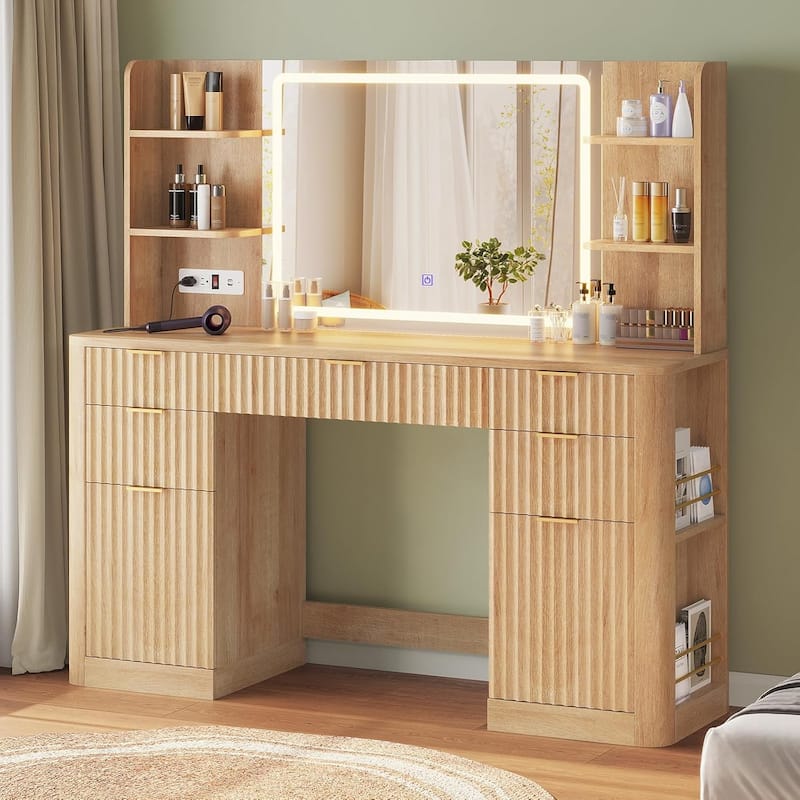 Makeup Vanity Desk Mirror LED Lights Charging Station RGB Lights Drawers Cabinet - 30.3" Mirror and Lights