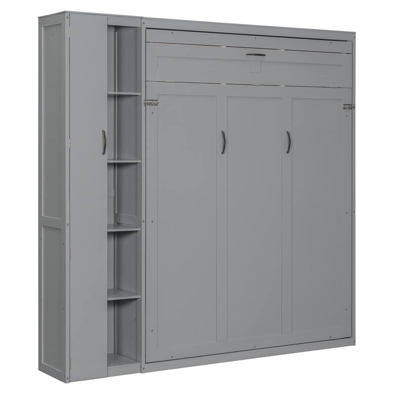Space-Saving Queen Murphy Bed with Shelves, Wardrobe and LED Lights in Gray