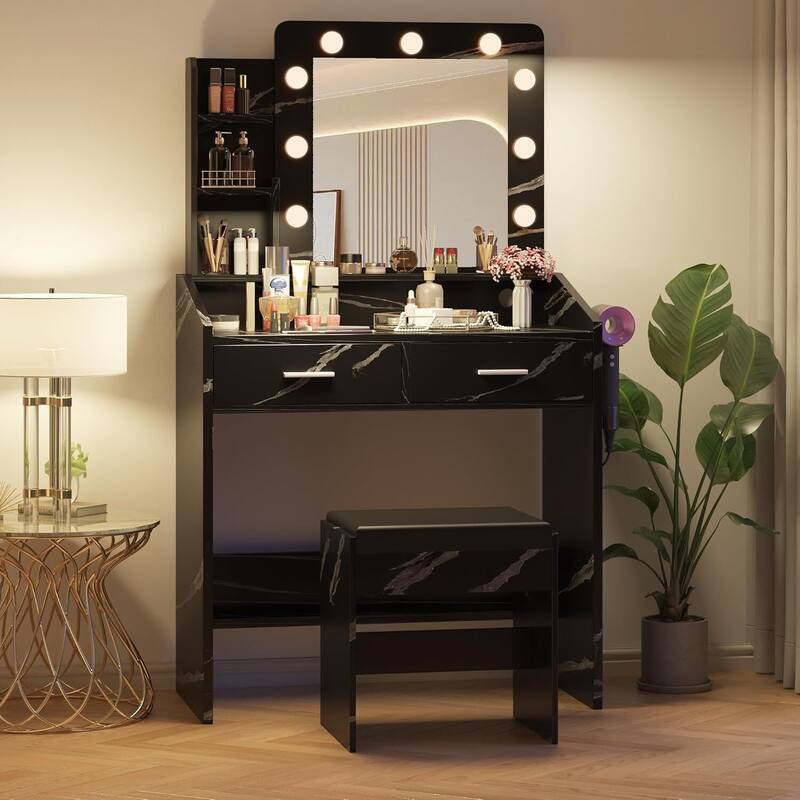 Dressing Table, Makeup Vanity Desk with Mirror and Lights for Bedroom - Black