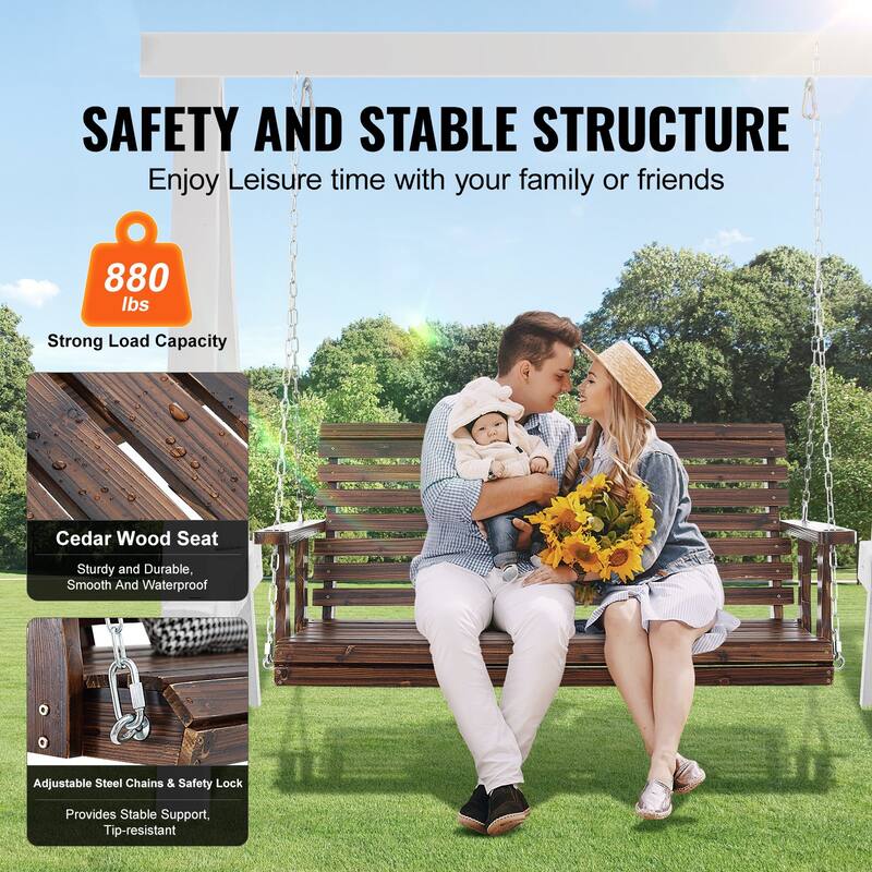 Carbonized Brown Cedar Wood Porch Swing with Chains and 880lb Load Capacity - 54” L x 28” W x 23.6” H