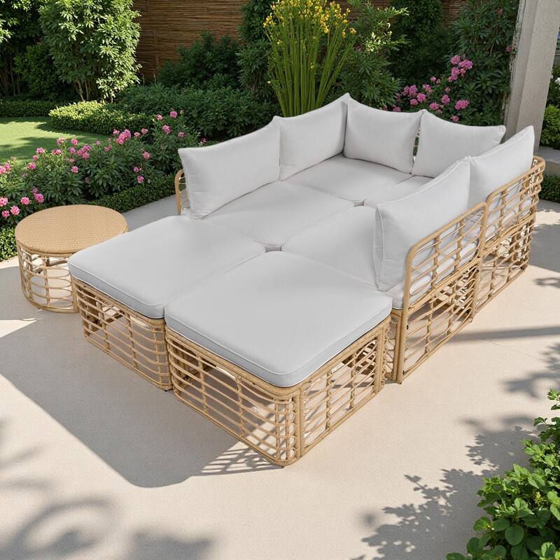 7-Pieces Outdoor Wicker Modular Sectional Sofa Set with Coffee Table, Free Combination - Gray