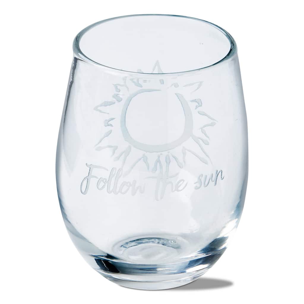 16 oz. Follow The Sun Sentiment Etched Clear Glass Stemless Wine Drinkware Hand Wash Beverage Glassware