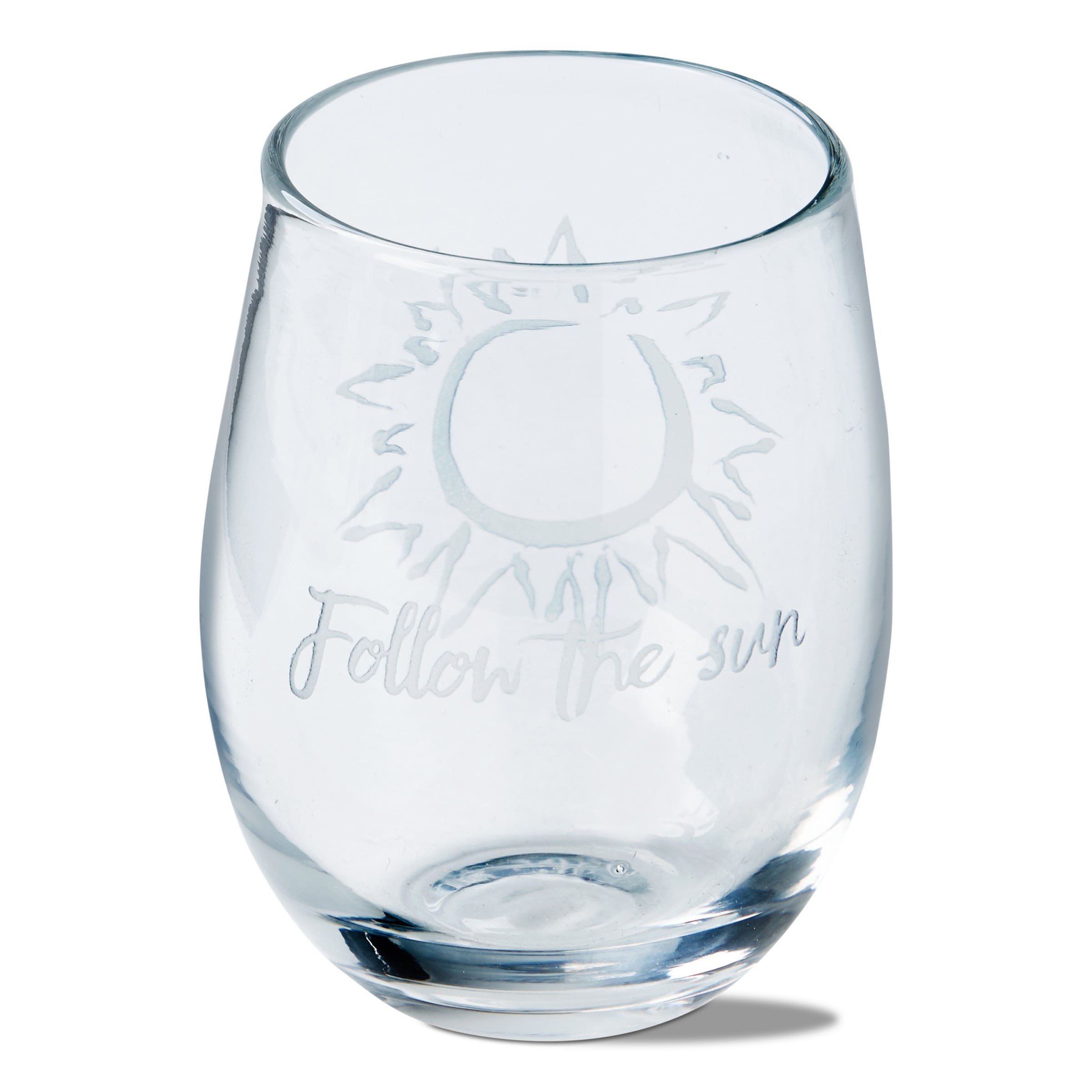 Follow The Sun Sentiment Etched Clear Stemless Wine 16 oz