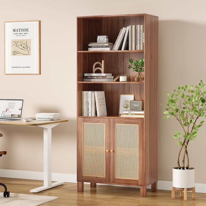 Tall Bookcase with Rattan Doors,5 Tier Storage Wood Shelves Large Bookshelf for Library Living Room Bedroom Home Office