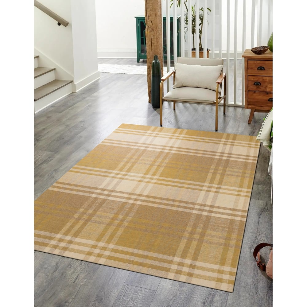 Home Decor EORC Handmade Wool Plaid Rug Stylish Yellow Area Rug for Living Room, Bedroom, Office, & Home Décor Durable