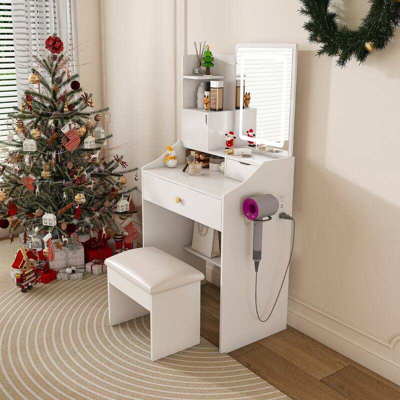 3-Color LED Vanity Mirror with Stool, Pink Dressing Table for Bedroom, 2 Drawers & 5 Storage Cabinets (4 Open + 1 Hidden)