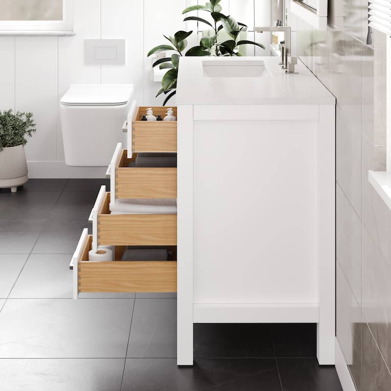 Eviva London 42"x18" White Transitional Bathroom Vanity with White Carrara Quartz Top