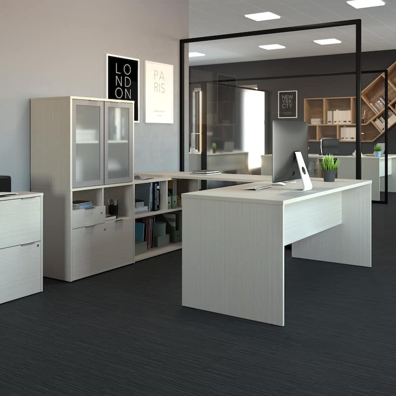 Bestar i3 Plus U-Desk with Frosted Glass Door Hutch