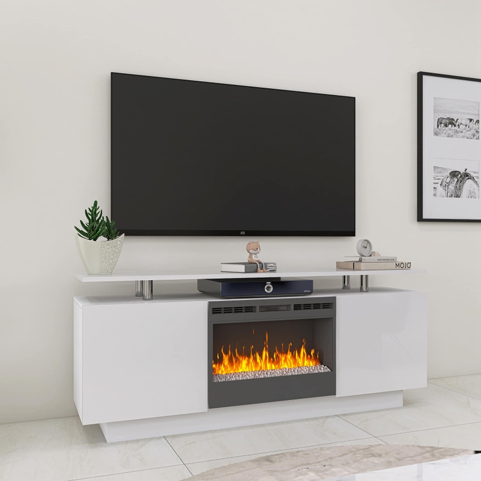White gloss tv stand with fireplace top
