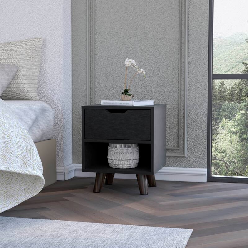 19 Inch Wood Nightstand with Storage Drawer and Open Shelf Bedside Table for Small Spaces