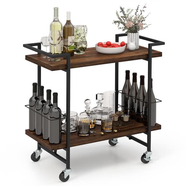 slide 1 of 1, Gymax Home Bar Cart 2-tier Home Bar Cart w/ Lockable Wheels & Kitchen Cart - Brown