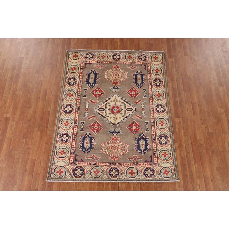 Kazak Oriental Area Rug Handmade Grey Wool Carpet - 4'11" x 6'5"