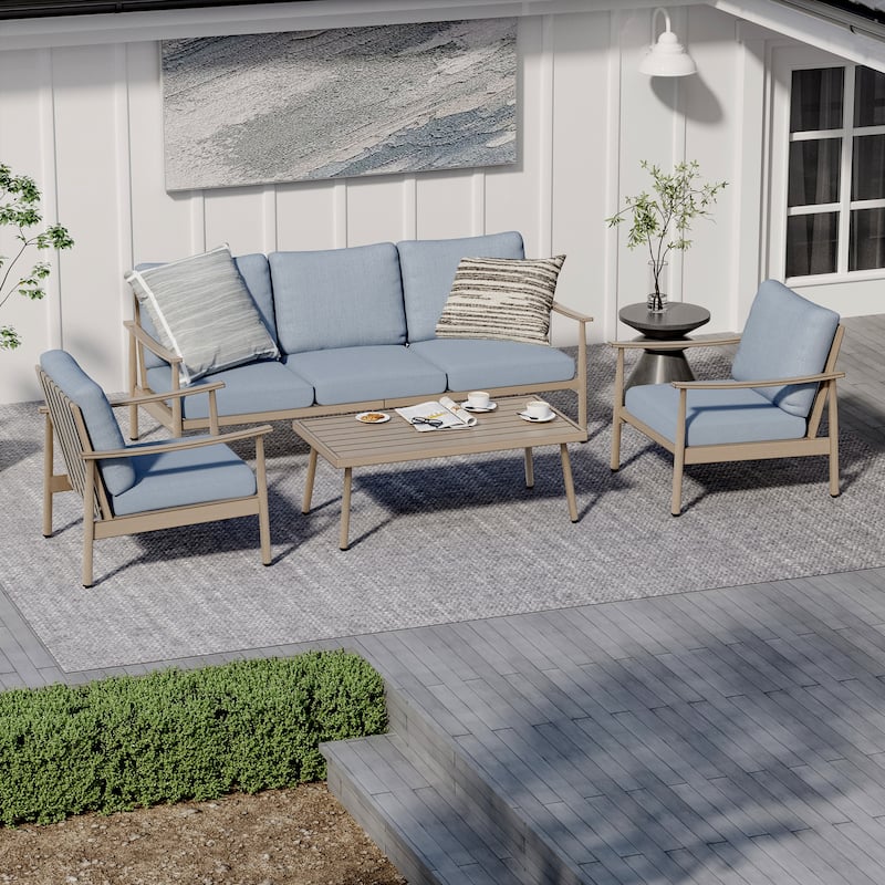 5-Person Aluminum Patio Conversation Set with Webbing Chair Back and Cushions - Blue