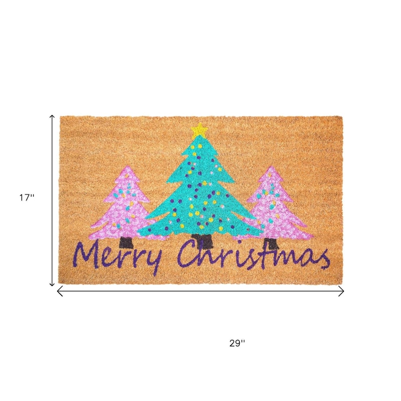 HomeRoots 17" X 29" Brown Green And Pink Christmas Trees Merry Christmas Outdoor Coir Door Mat - 17.00' X '29.00