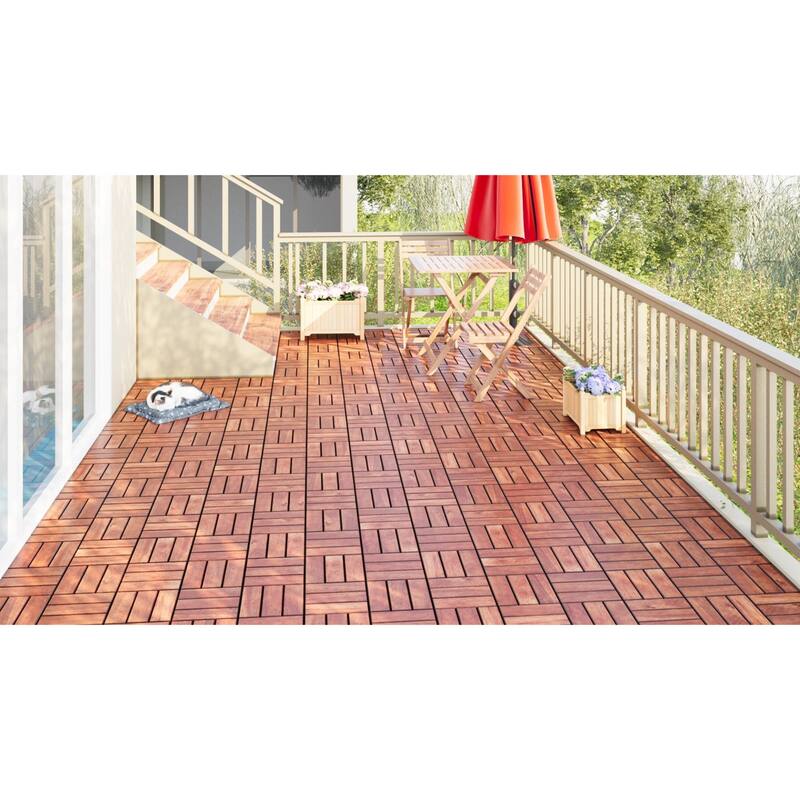 10 PCS Interlocking Deck Tiles Checker Pattern, 12" x 12" Square Acacia Hardwood Outdoor Flooring for Patio,Bancony,Pool Side