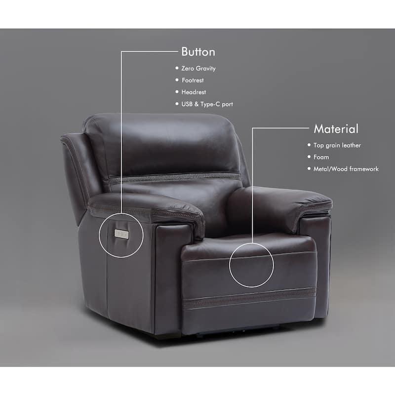 Genuine Leather Power Recliner with Zero Gravity Dual Power Adjustable Headrest & Footrest USB Type-C Charging Ports