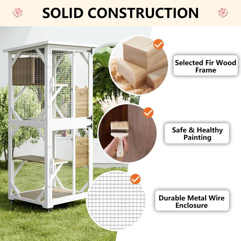 BOSSIN 71" Outdoor Catio Enclosure with Removable Floor, Scratching Post & 4 Wheels, Waterproof Roof