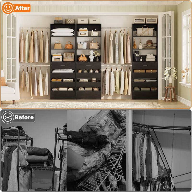 140'' Walk-in Closet Organizer System with 12 Drawers ＆ 4 Hanging Rods, 8.5-11.5FT Wooden Wardrobe Clothes Rack with 3 Towers