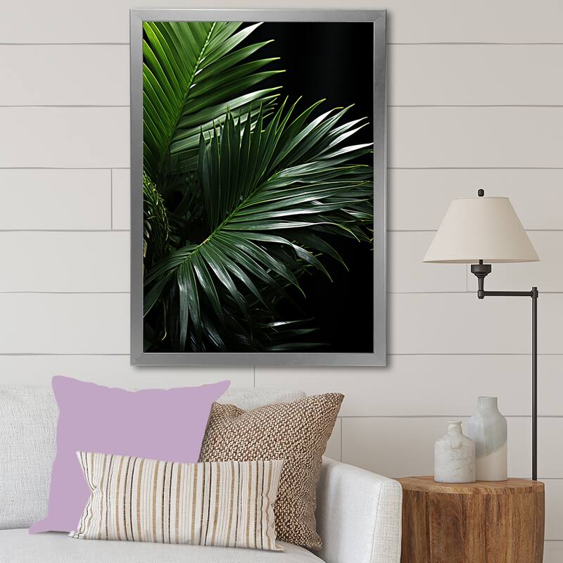 Designart "Palm Leaves Serenity II" Palms & Palm Trees Framed Wall Decor - 34 in. wide x 44 in. high - Silver
