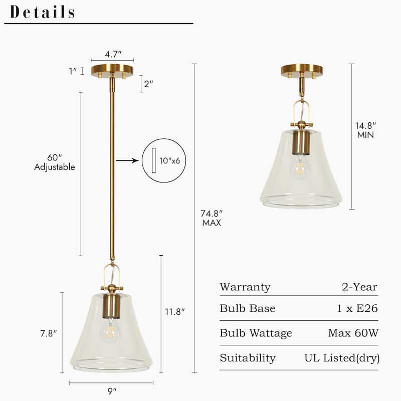 Modern Chic 1-light Large Pendant Gold Brass Finish Kitchen Island Light with Clear Glass Shade for Dining Room - 9 " × 11.8 "