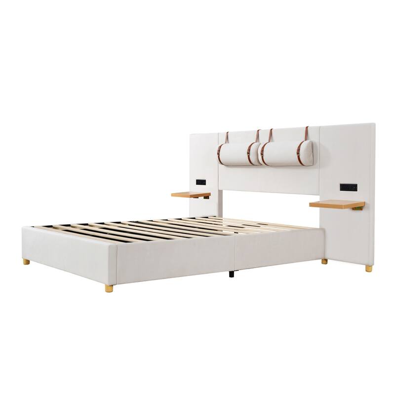 Full/ Queen Size Upholstered Platform Bed Frame with 2 USB Ports, Head Pillows and Side Storage Shelves