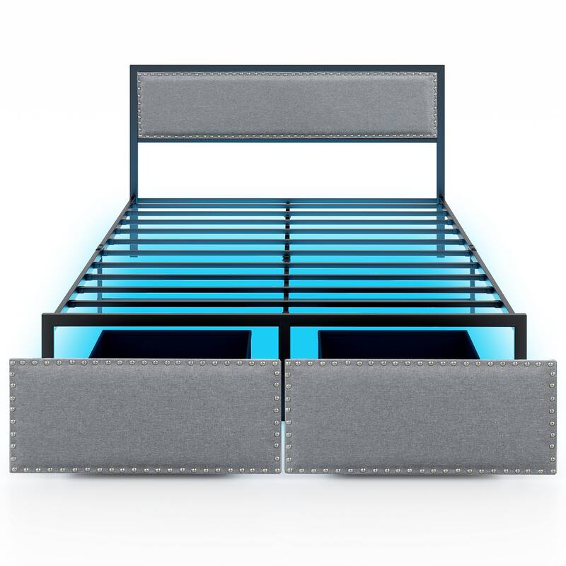 Gymax Queen Size Bed Frame w/ 2 Storage Drawers LED Lights Slats - Grey