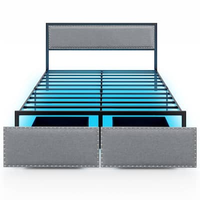 Gymax Queen Size Bed Frame w/ 2 Storage Drawers LED Lights Slats