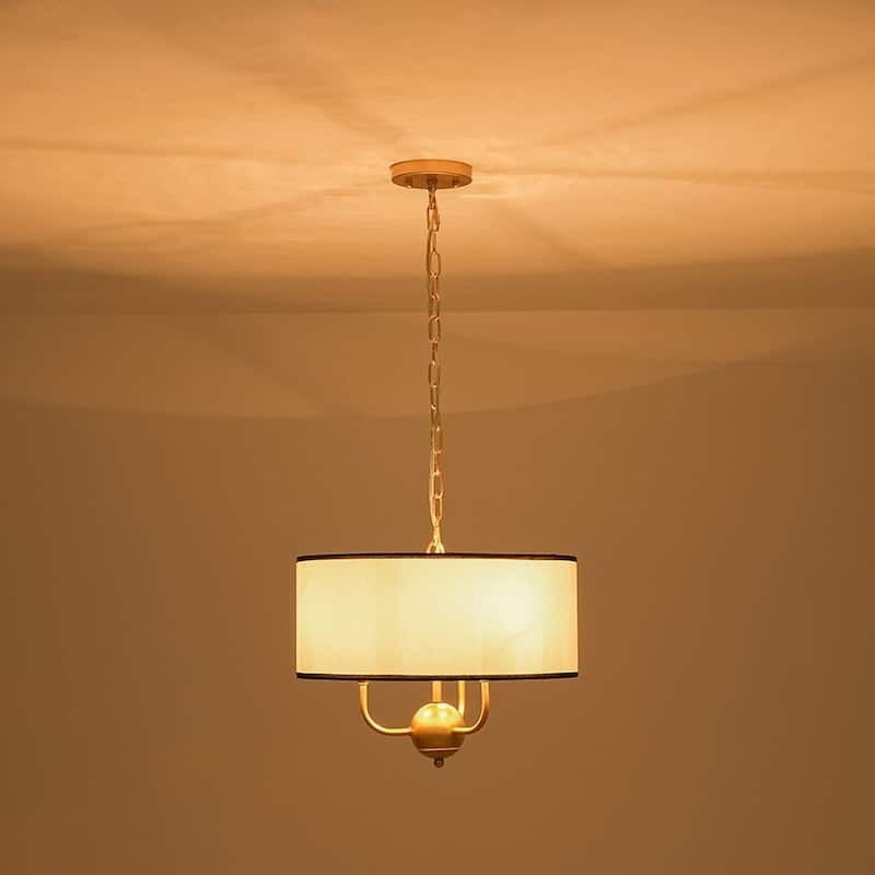 Classic 3-Light Black Edge Linen Drum Pendant - 15.7 in