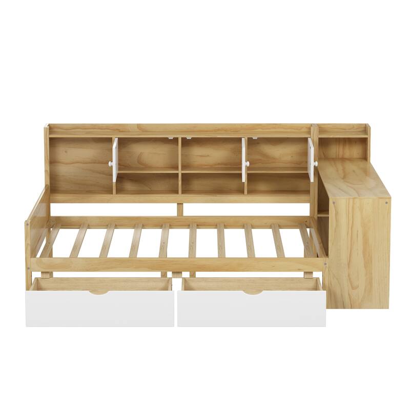 L-Shape Daybed with Storage Cabinets, Drawers, Study Desk, and Built-in Bookshelf, Natural+White