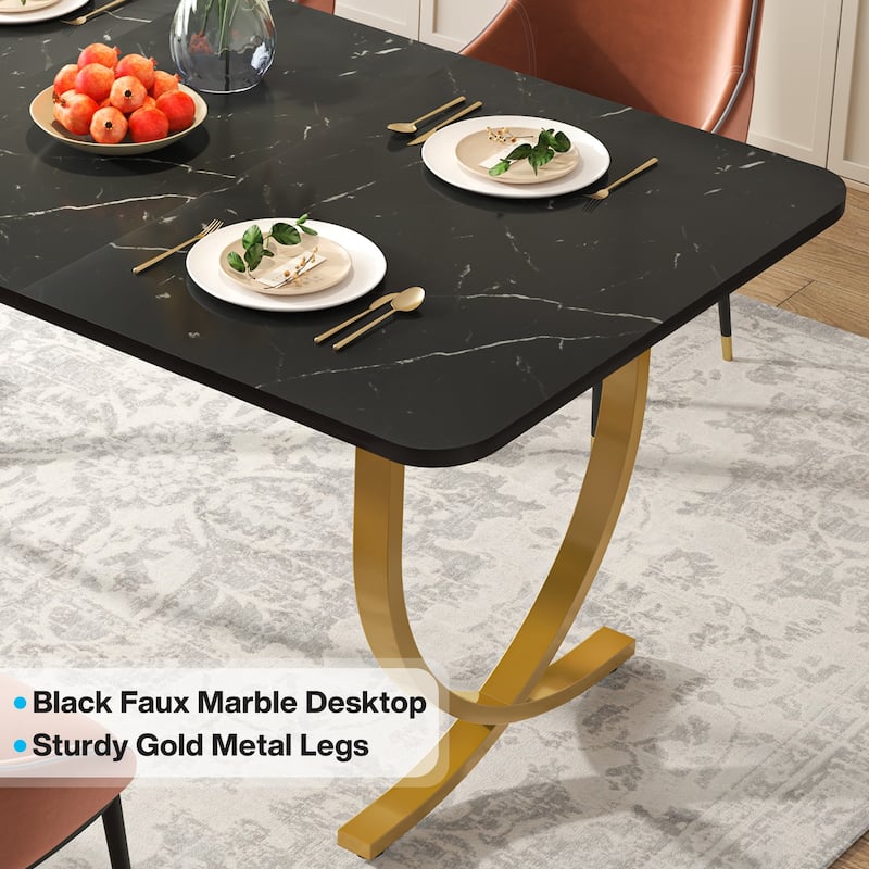 Rectangular Dining Table for 4 to 6, 63 Inch Modern Kitchen Table with Faux Marble Table Top and Metal Legs
