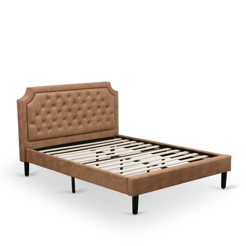 Queen Size Bed Frame - Modern Upholstered Headboard Footboard Wood Rails & Slats - Brown Black Finish