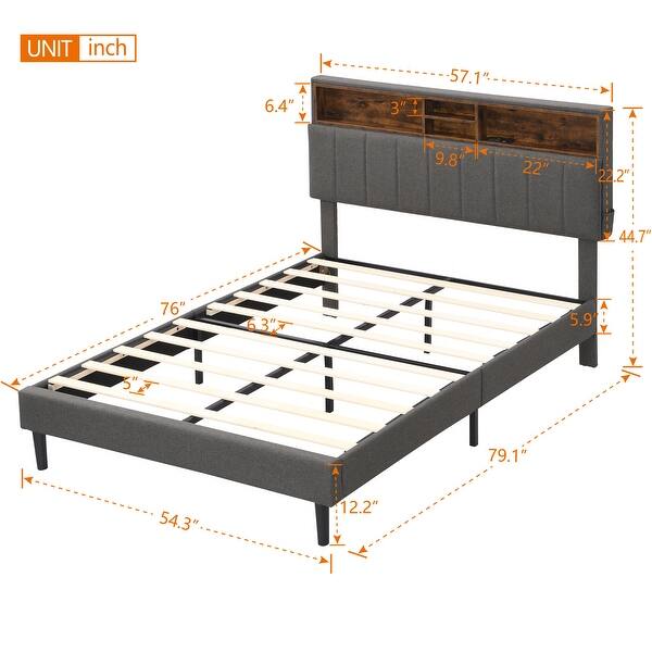 Full Size Upholstered Platform Bed with Storage Headboard, USB Ports and Adjustable Height, Linen Fabric Bed