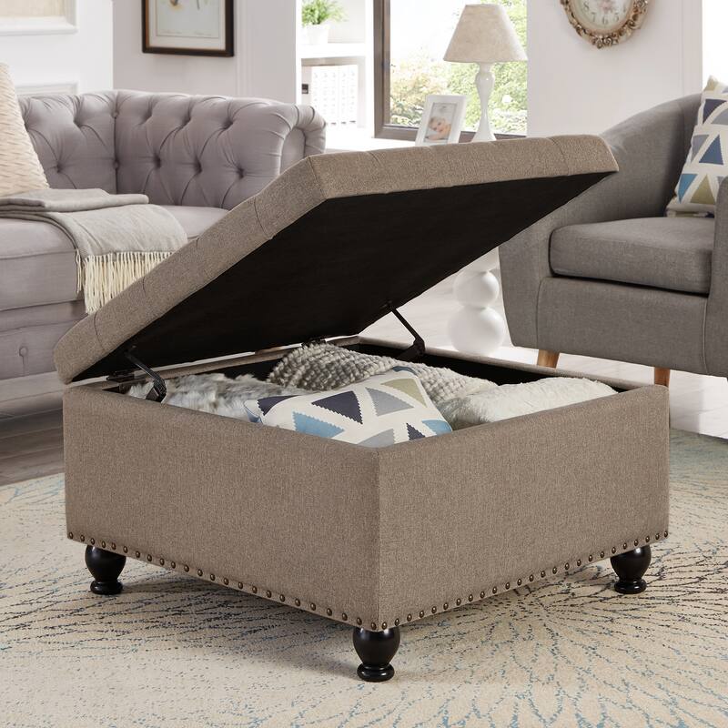 Large square storage ottoman with wooden legs, Upholstered button tufted coffee table with nail trims,Linen