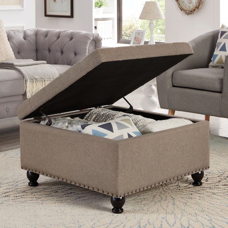 Upholstered Fabric Button Tufted Storage Ottoman with Nail Trims